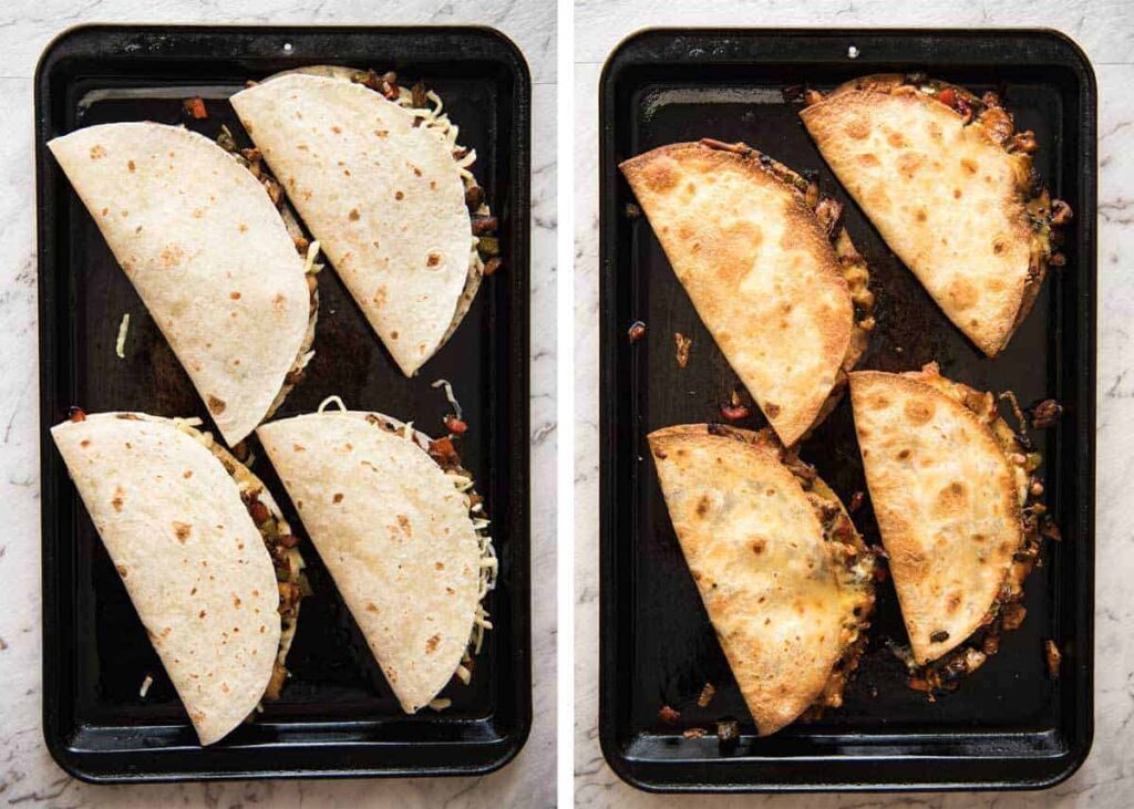 Tray of baked quesadillas in progress